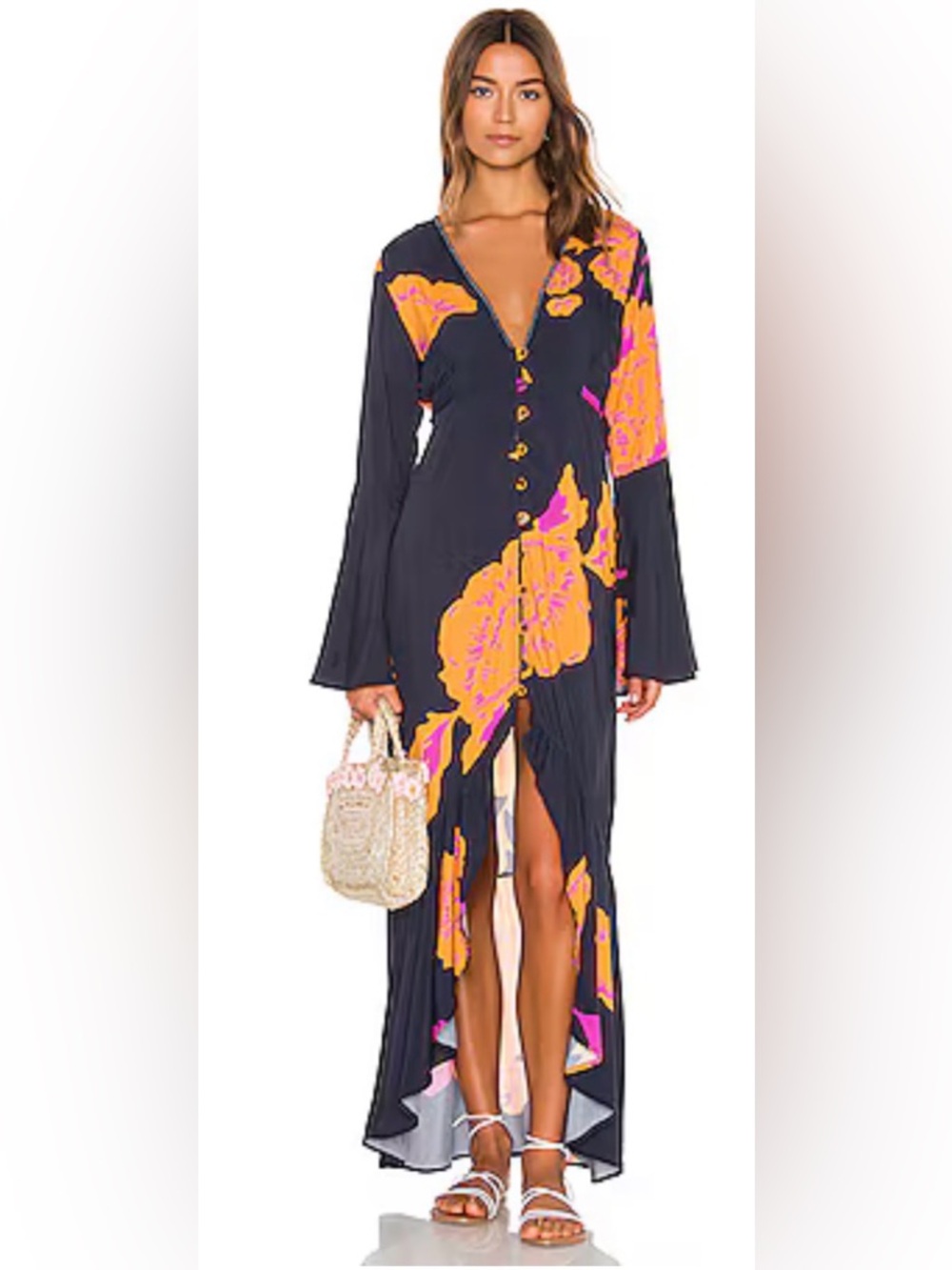 Maaji Blue Maxi Dress with Orange and Pink Floral Print Size Medium